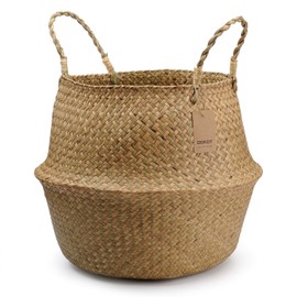 DOKOT Super Large Seagrass Belly Basket with Handles, Natural Round Wicker Planter (14.1“ Diameter x 13.8" Height), Natural