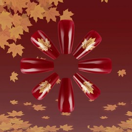 Fall Press on Nails Medium Coffin Fake Nails Sparkly Red False Nails with Maple Leaves Gold Glitter Designs Glossy Glue on Nail Autumn Stick on Nail for Women Girls 24Pcs