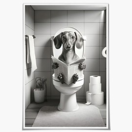 Funny Bathroom Decor Black and White Dachshund Wall Art Animal in toilet Funny Bathroom Dog Art pictures for bathroom Petshop art wall decor Unframed12x16inch