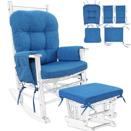 BUYUE Glider Rocker Replacement Cushion 5 PCS with Ties, Linen High-Density Foam Non-Slip & Washable Rocking Chair Pads for Sitting,Blue