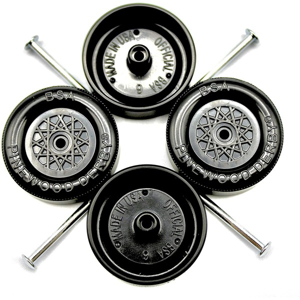 Pine Derby Car BSA Speed Wheels and Axles Kit | Professionally Lathed | Pinewood Car Wheels
