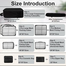 14 PCS Compression Packing Cubes Set - 8 Sizes inc 4x20L Packing Compression Cubes & 10 Large/Medium/Smal Packing Bags (Black 10×Suitcase Organiser+4×20L Compression)