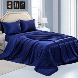 Satin Flat Sheet Only, Queen Flat Sheet, 1 - Piece Navy Blue Top Sheet, Extra Soft Silk Flat Bed Sheets Sold Separately Queen - Navy Blue