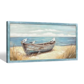 Beach Wooden Framed Wall Art: Seaside Boat Painting Coastal Ocean Seagull Picture Sailboat Print Large Seascape Artwork for Bathroom 48"x24"