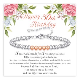 BMMYE 50th Birthday Gifts for Women, 925 Sterling Silver Bracelet for Women with Cards Adjustable 4mm Silver Bead Bracelets Birthday Gifts for women Jewellery for Mum Grandma