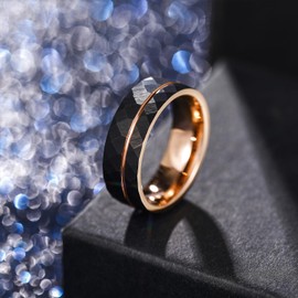 Greenpod 8mm Tungsten Carbide Rings for Men Hammered Rose Gold Line Multi Faceted Wedding Band Women Brushed Matte Finished Comfort Fit Size 11.5