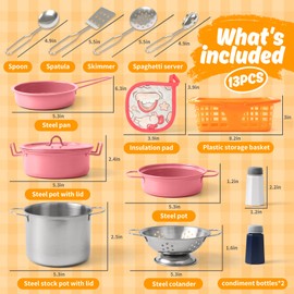 Kids Play Kitchen Toy Accessories Set Toddler Cooking Playset Colorful Stainless Steel Pots and Pans Birthday Gifts for 3+ Girls Boys (Pink)