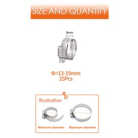 Rustark 25-Pcs Adjustable [13 to 19mm] Range Worm Gear Hose Clamp Clips Fuel Line Clamps Assortment Kit for Plumbing - 304 Stainless Steel