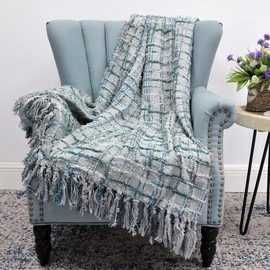 BYTIDE Multicolored Chenille Knitted Throw Soft Cozy Fluffy Reversible Boho Plaid Throw Blanket with Tassels for Couch Chair Bed Cover Living Room Bedroom Décor, 60" x 80", Grey Blue