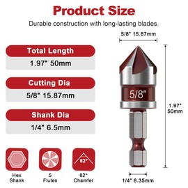 APIOLO Countersink Drill Bit-82 Degree, 5 Flutes High Speed Steel Countersink Bits, with 1/4 Inch Quick-Change Hex Shank, 5/8 Inch Sizes, for Metal, Wood, Plywood, Plastic