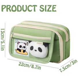 JAHEMU Pencil Case Panda Pencil Case Kawaii Stationery Bag Large Capacity Pencil Case Panda Pencil Case Stationery Organiser with Keyring, Brooch, Sticky Notes, Storage Clip, Green, Panda