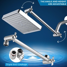 Nuodan High Pressure Rain Shower Head with 11'' Extension Arm - High Flow Square Rainfall Showerhead - Luxury Modern Look - Pressure Boosting (Chrome)