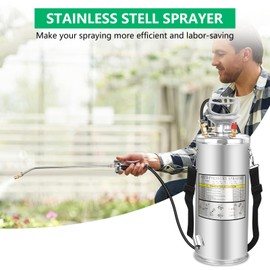 2 Gallon Stainless Steel Pump Sprayer - Hand Pump Sprayer with Pressure Gauge, Safety Valve&Adjustable Nozzle and Flat Nozzle, Garden Weed Sprayer with 20’’ Wand & 3FT Hose, Non-Corrosive Viton Seals