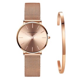 Kubagom Women's Watches Analogue Quartz Stainless Steel Waterproof Mesh Ultra Thin Set with Bangle, Rose gold surface, rose gold bracelet, rose gold bangle.