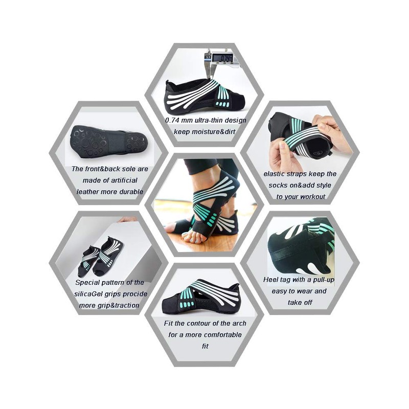 ABIRAM Yoga Socks Toeless Non-Slip Grips & Straps, for Pilates,