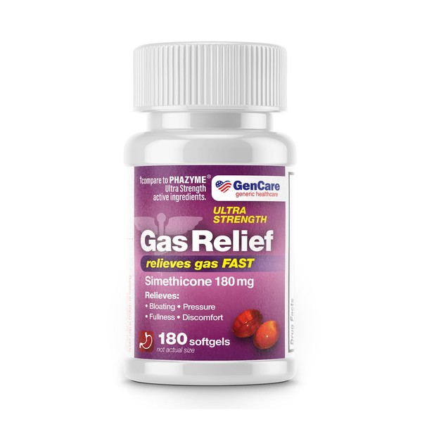 GenCare - Ultra Strength Simethicone Gas Relief 180 mg (180 Softgels) | Anti Flatulence, Bloating Aid, Stomach Discomfort and Gas Pressure Reliever Pills | Relieves Gas Fast | Generic Phazyme