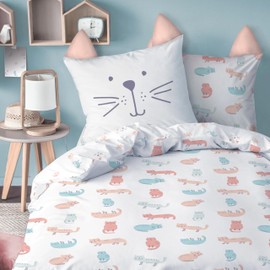 MTOnlinehandel Children's Bedding Set 135 x 200 cm + 80 x 80 cm, 100% Cotton, Cute Cat Meau Cat Motif, Funny Bed Linen with Ears, Zip (Cat)