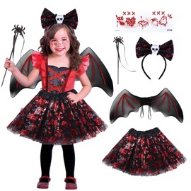 Bat Costume Children Girls Black Tulle Skirt Skeleton Red Carnival Headband Children Carnival Costume Skirts Accessories Carnival Wings Wand Tattoo Face Tutu Fancy Dress Costumes Children