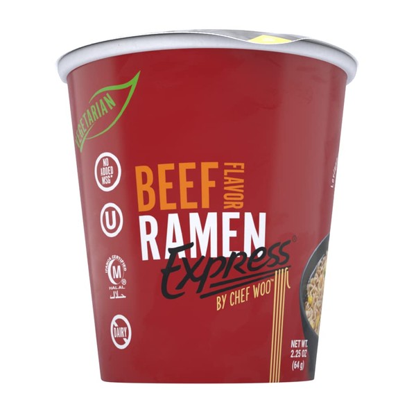 RAMEN EXPRESS Beef Flavor Ramen Cup Noodle, 2.25 Oz Each (Pack Of 12) by Chef Woo | Vegetarian Ramen Noodles | No MSG | Halal | Egg-Free and Dairy-Free