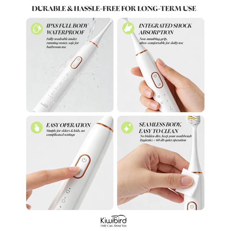KIWIBIRD K5 Sonic Electric Toothbrush, 1.5X Wider Brush Head for