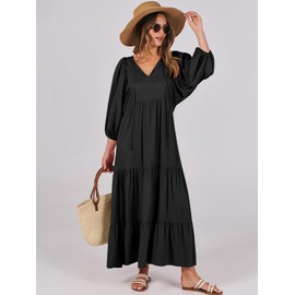 ANRABESS Womens Boho Maxi Dresses 2025 Summer V Neck Puff Sleeve Floral Flowy Swing Casual Long Dress Black Small