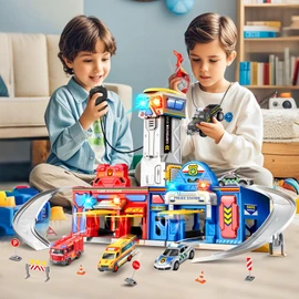 TERRAMUS Kids Toys for 3 4 5 6 Years Old Boys,29.5'' Large City Action Rescue Vehicle Toddler Playset with Lights Sounds,Police & Fire Station Transform Track with 4 Cars Helicopter Gifts for Boy Girl