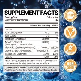 Zeolite Detox for Kids Gummies with Activated Charcoal, Clinoptilolite Zeolite with Vitamin B12 & D3 for Kids & Adults, Chewable Zeolite Supplement for Gut & Immune Support, Blueberry Flavor, 60 Ct