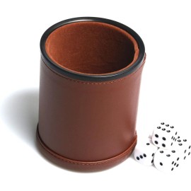 Leather Dice Cup Set Felt Lining Quiet Shaker with 5 Dot Dices DarkBrown Color