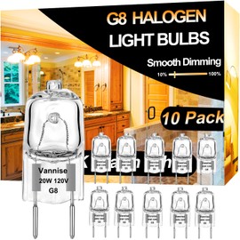 Vannise G8 Halogen Bulb 20W Warm White- 10 Pack Long Lasting G8 Bulb 120V 20W, Halogen Bulbs 2 Pin G8 Dimmable for Under Cabinet Puck Lighting Replacements, G 8 Light Bulb with G 8 Base