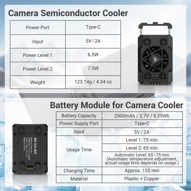 Camera Cooler Kit with Magnetic Rechargeable Battery,Semiconductor Quieter Cooling Fan
