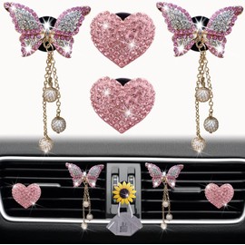 4 Pcs Pink Heart & Butterfly Pandent Air Vent Clips, Bling Heart Air Fresheners Vents Clips Diamond Car Interior Decor Cute Car Accessories + Sunflower Mask Hook