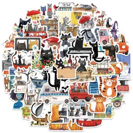 50pcs Cute Cat Illustration Stickers, Waterproof Vinyl Cartoon Kitty Stickers for Teenage Girls, Kawaii Animal Art Painting Stickers