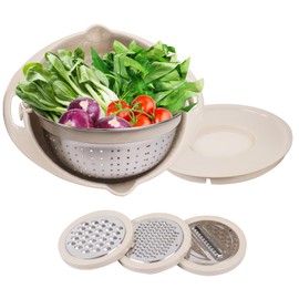 Gzsekken 2 Layer Rotatable Colander Bowl Set 4-1 Stainless Steel Colander with Mixing Bowl Set,Plastic Washing Basket Mixing Bowl Vegetable Slicer,Kitchen Food Washing Drain Colander - Beige