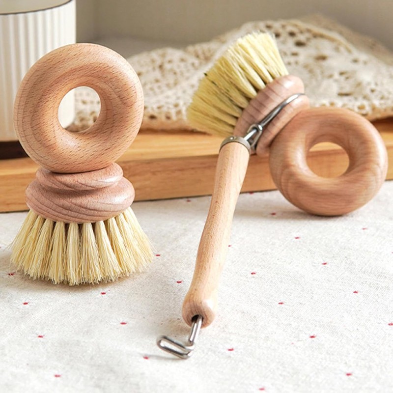 Wooden Cleaning Brush, Dish Scrubber with Handle, Kitchen Brush for