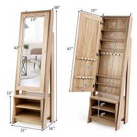 Costway Jewelry Cabinet Large Full Length Armoire Stand Mirror Organizer Natural