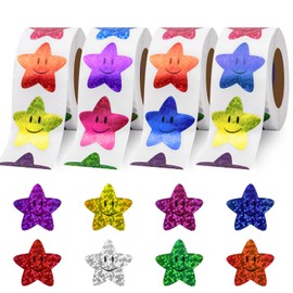 2000 Pcs 8 Color Sparkly Star Stickers, Star Stickers for Kids Reward, Self-Adhesive Metallic Glitter Foil, Ideal for Student Planners and Classroom Supplies, 4 Rolls of Smiley Face Stickers