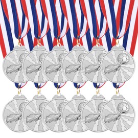 MECCANIXITY Soccer Medals 2 Inch, Silver Award Medals with Neck Ribbon for Team Sports Games Competitions Party Favors 12 Pieces