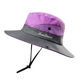Kids Girls UV Protection Sun-Hat Wide Brim Bucket-Cap with Ponytail Hole Fit for 3-6 Years Purple
