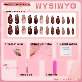 QQPPOLIU Fall Press on Nails Medium Almond Fake Nails Brown Press on False Nails with Butterfly and Striped Design Fall Nails for Women 24pcs