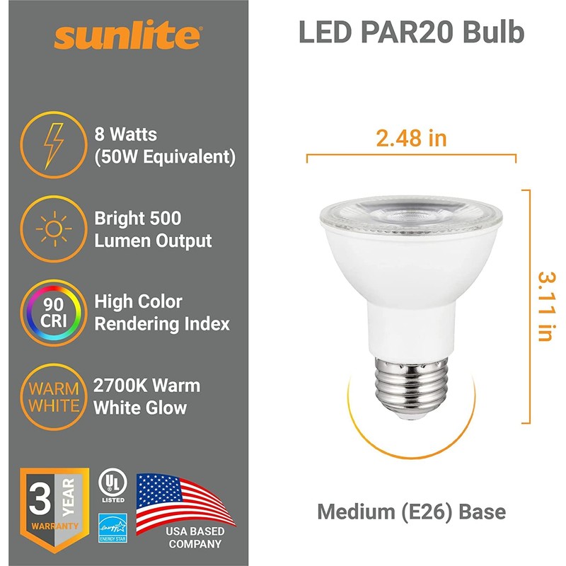 Sunlite 41618 LED PAR20 Long Neck Spotlight Bulb, 8 Watt