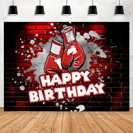Aperturee 7x5ft Boxing-Themed Happy Birthday Backdrop Red Wall Boxing Gloves Photography Background Banner for Boys or Girls Fight Nights Party Decoration Supplies Photo Booth Props