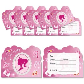 20 Pcs Pink Girl Theme Birthday Invitation Cards, Let's Go Party Pink Doll Birthday Party Supplies, BIrthday Invitations for Girls.(Style 2)
