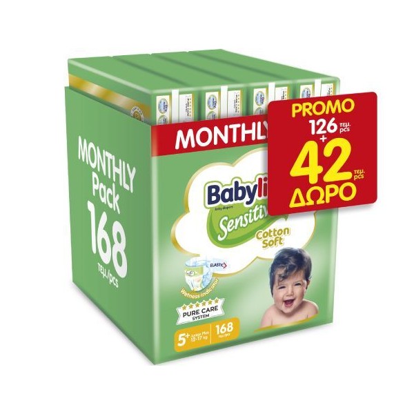 Babylino Sensitive Cotton Soft No5+ (12-17 Kg) Monthly Pack, 126pcs & 42pcs FREE (168pcs)