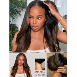UNICE Chestnut Brown Ombre Yaki Straight 7x5 Pre Cut HD Lace Front Wigs Human Hair with Drawstring Bye Bye Knots Glueless Wig Pre Plucked Bleached Knots Natural Hairline 150% Density 22 inch
