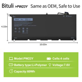 Bituli PW23Y Battery for Dell XPS 13 9360 3-9360-D1605G 13-9360-D1605T 13-9360-D1505 13-9360-D1505G 13-9360-D1609 13-9360-D1609G 13-9360-D1705 13-9360-D1705G 13-9360-D1805TG RNP72 TP1GT 0RNP72 60Wh