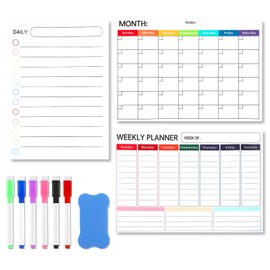 COMNICO 3 Pack Dry Erase Calendar for Fridge, 14"X11" Monthly Weekly Daily Views Planner Whiteboard Vertical Shopping Meal Menu To Do List for Home Kitchen Refrigerator Wall Door, 6 Markers & Eraser