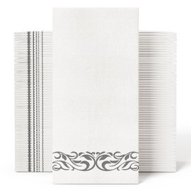 JOLLY CHEF 100 Disposable Hand Towels, Soft and Absorbent Linen Feel Dinner Napkin, Elegant Decorative Paper Guest Towels for Kitchen, Bathroom, Weddings, Parties, Silver and White