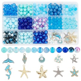 PH PandaHall Pack of 345 Blue Craft Beads for Threading, Ocean Beads Charms Shell Starfish Mermaid Charms Pendant for DIY Bracelets Necklaces Earrings Jewellery Making Party