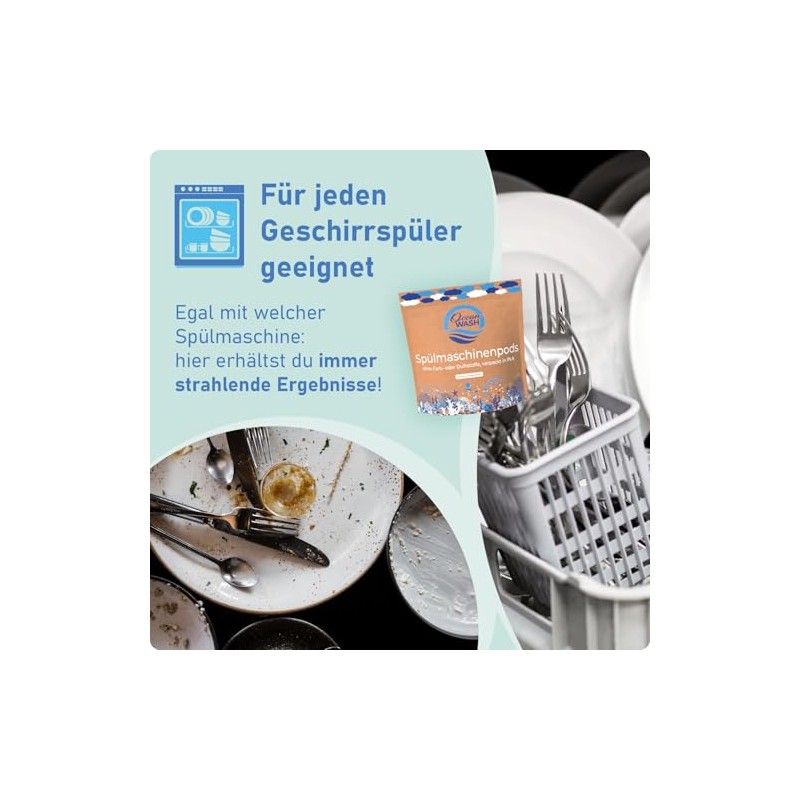 Dishwasher pods without plastic, colours and fragrances, biodegradable dish washing