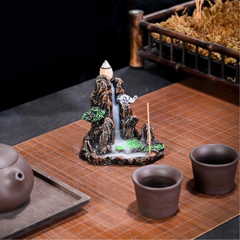 Mountain Shaped Backflow Incense Burner without Incense, Resin Waterfall Smoke